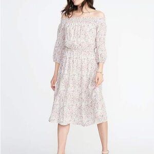 White Ditsy Floral Print Smocked Off-Shoulder Cotton Rayon Blend Dress, Small
